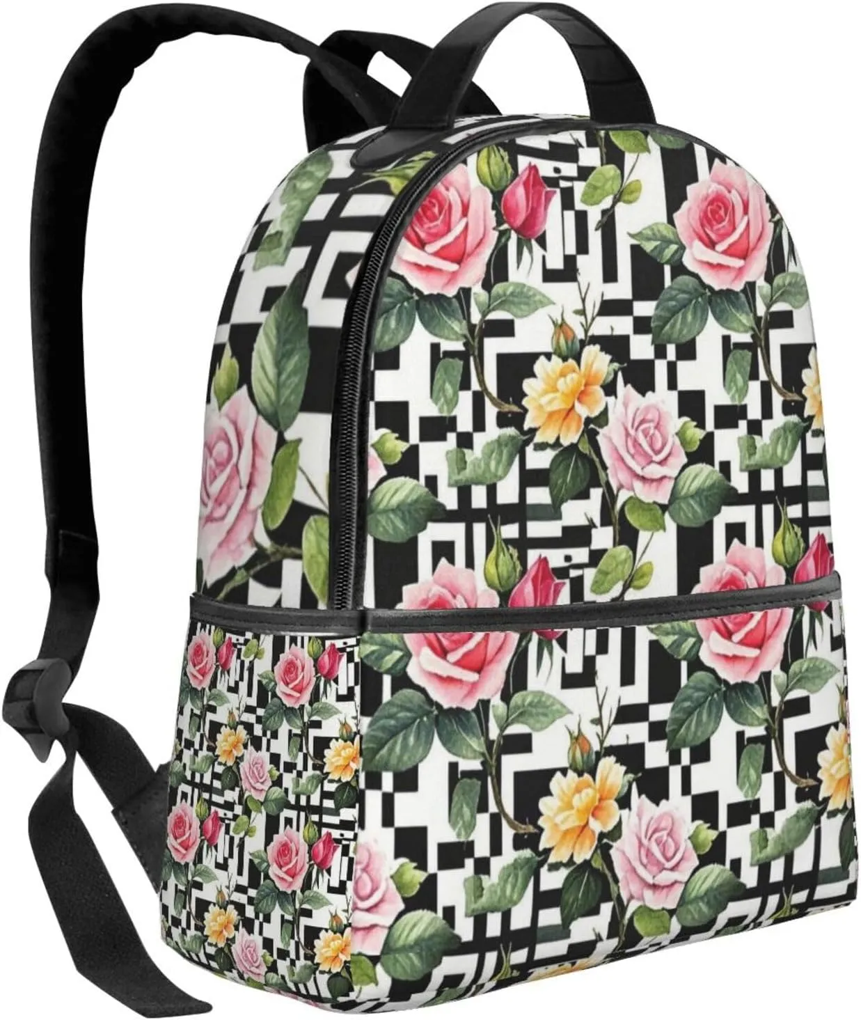 Black and White Stripes Rose Adult Backpacks 14 Inch Laptop Backpack Double Shoulder Bag for Work Travel Gifts
