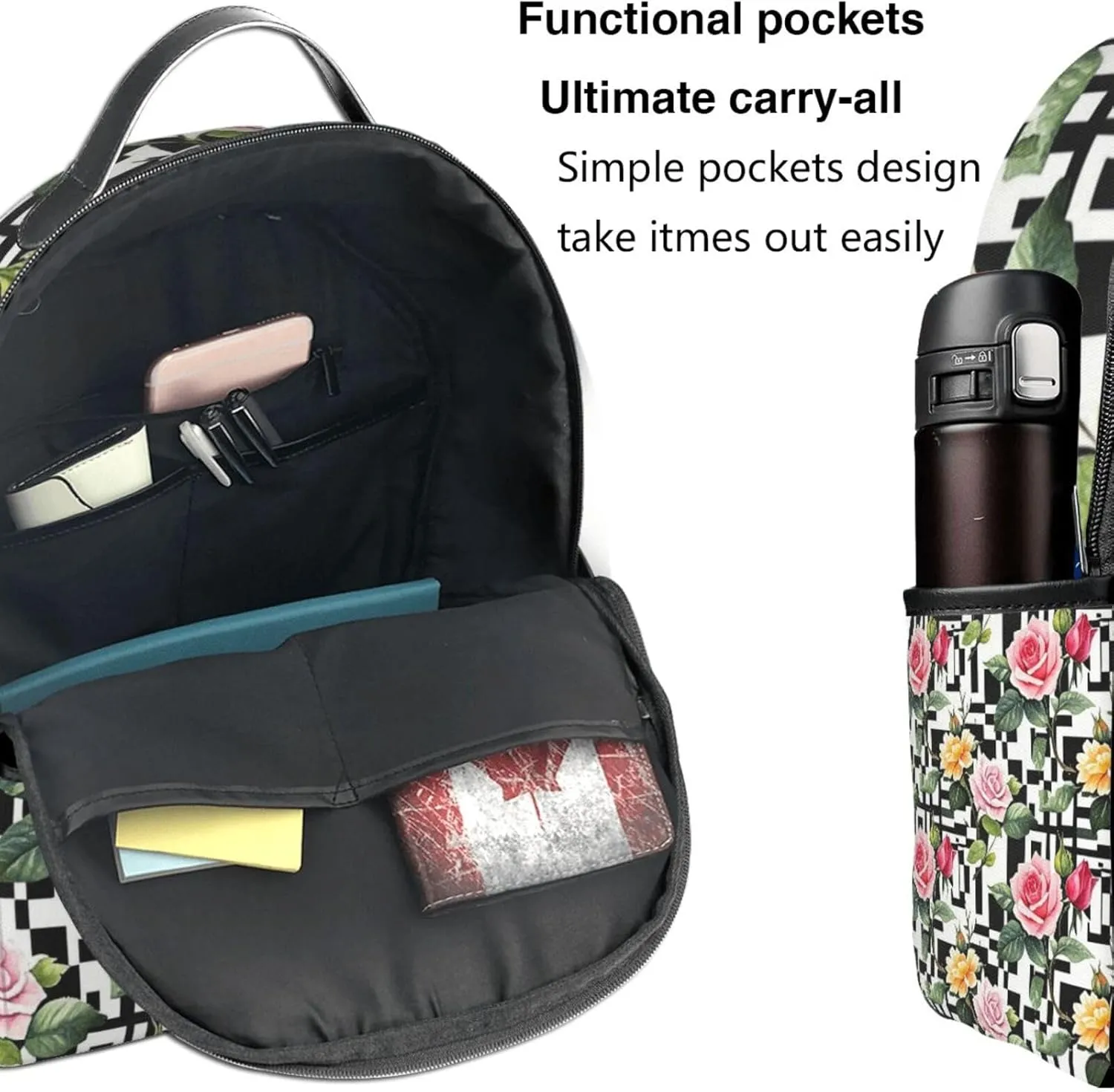 Black and White Stripes Rose Adult Backpacks 14 Inch Laptop Backpack Double Shoulder Bag for Work Travel Gifts