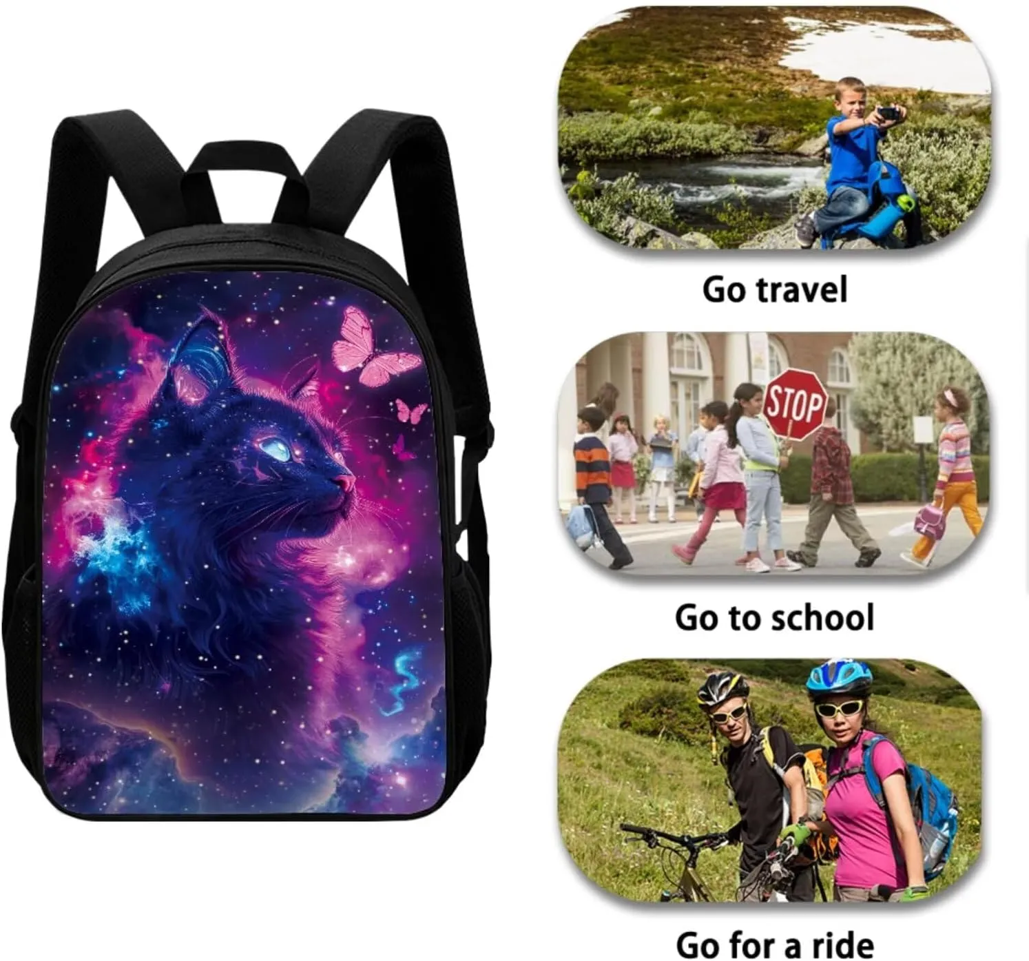 Black Cat Backpack for School Girls 6th Grade 4-in-1 Kids Bookbags with Lunch Box and Pencil Case Casual Daypack Backpacks for Girls Waterproof Shoulder Bag for Elementary School