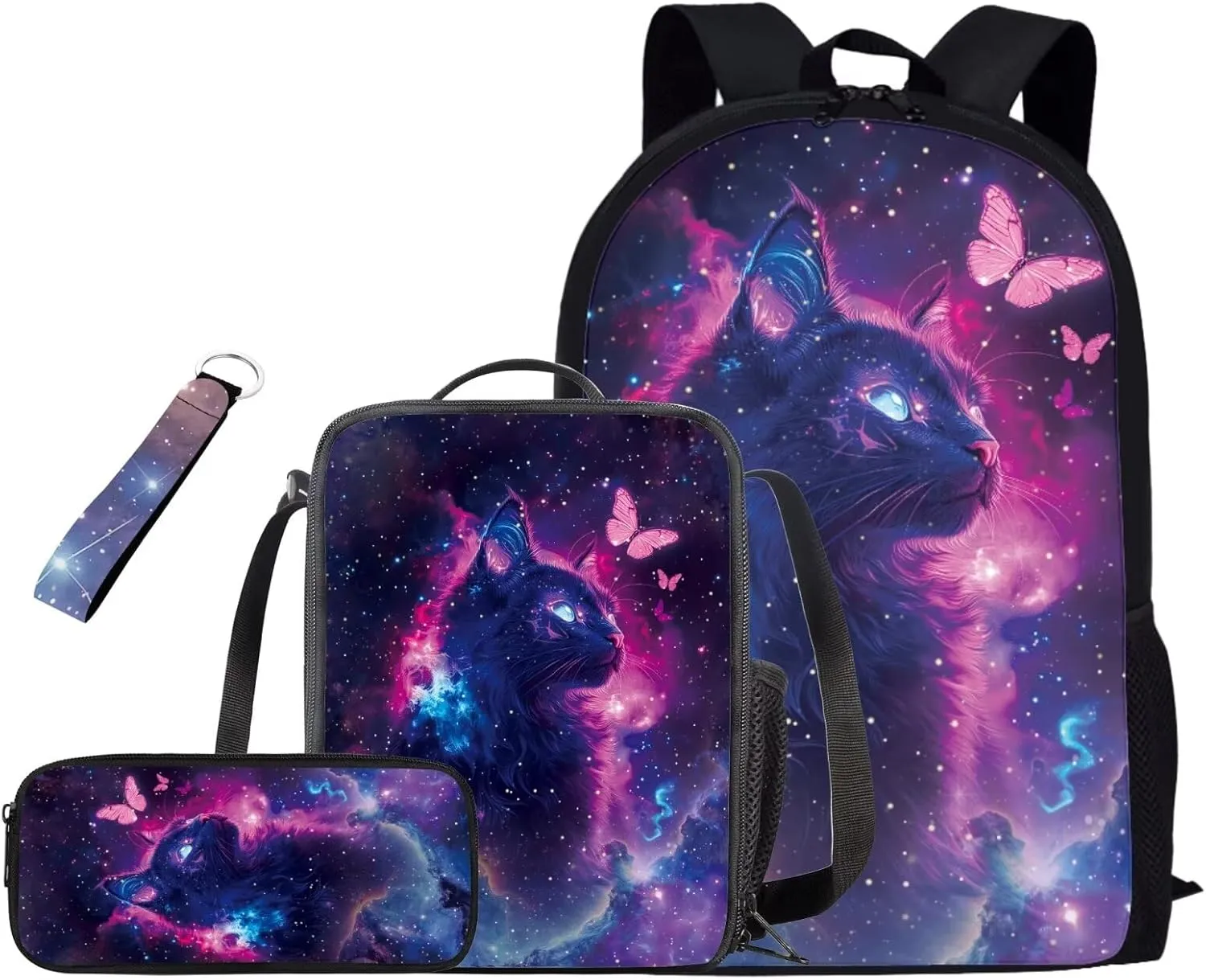 Black Cat Backpack for School Girls 6th Grade 4-in-1 Kids Bookbags with Lunch Box and Pencil Case Casual Daypack Backpacks for Girls Waterproof Shoulder Bag for Elementary School