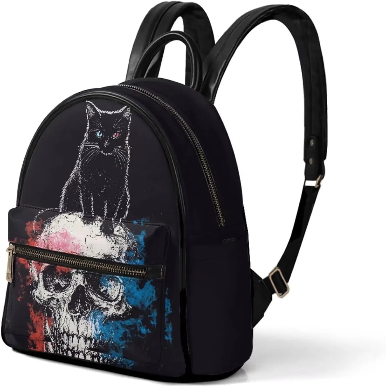 Black Cat Skull Small Backpack Purse Leather Purse Womens Mini Backpacks for Travel Work Casual Shoulders Bag with Front Zipper Pocket