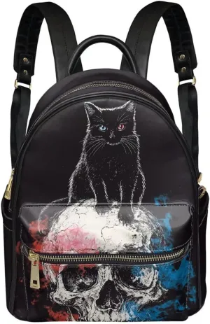 Black Cat Skull Small Backpack Purse Leather Purse Womens Mini Backpacks for Travel Work Casual Shoulders Bag with Front Zipper Pocket
