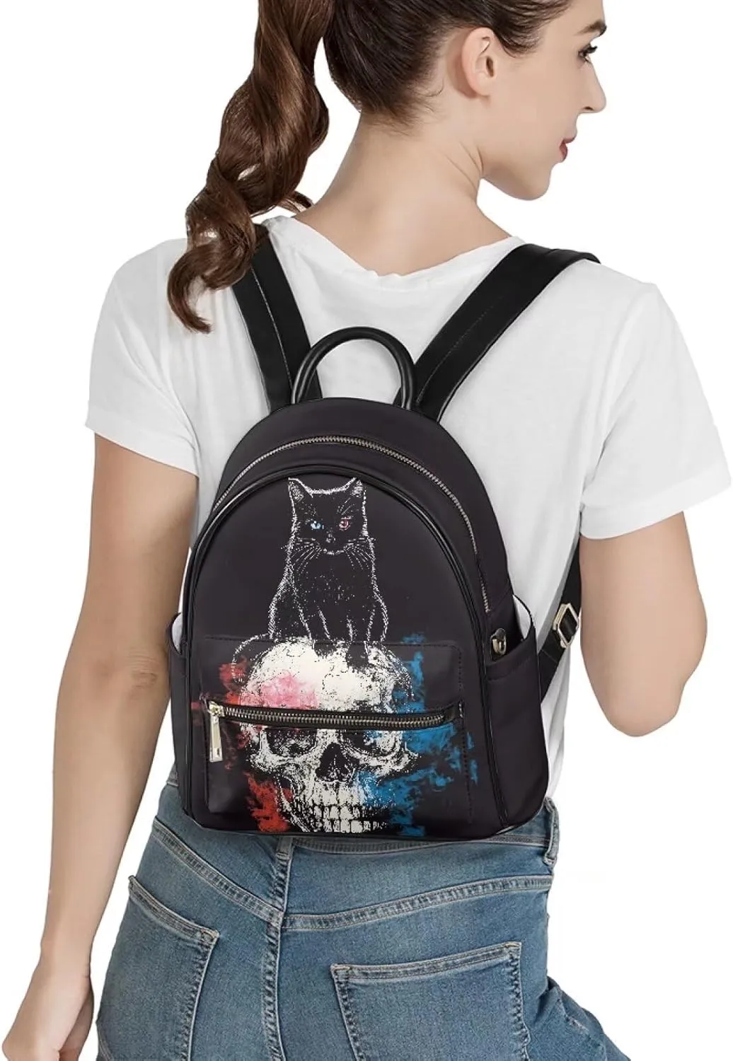 Black Cat Skull Small Backpack Purse Leather Purse Womens Mini Backpacks for Travel Work Casual Shoulders Bag with Front Zipper Pocket