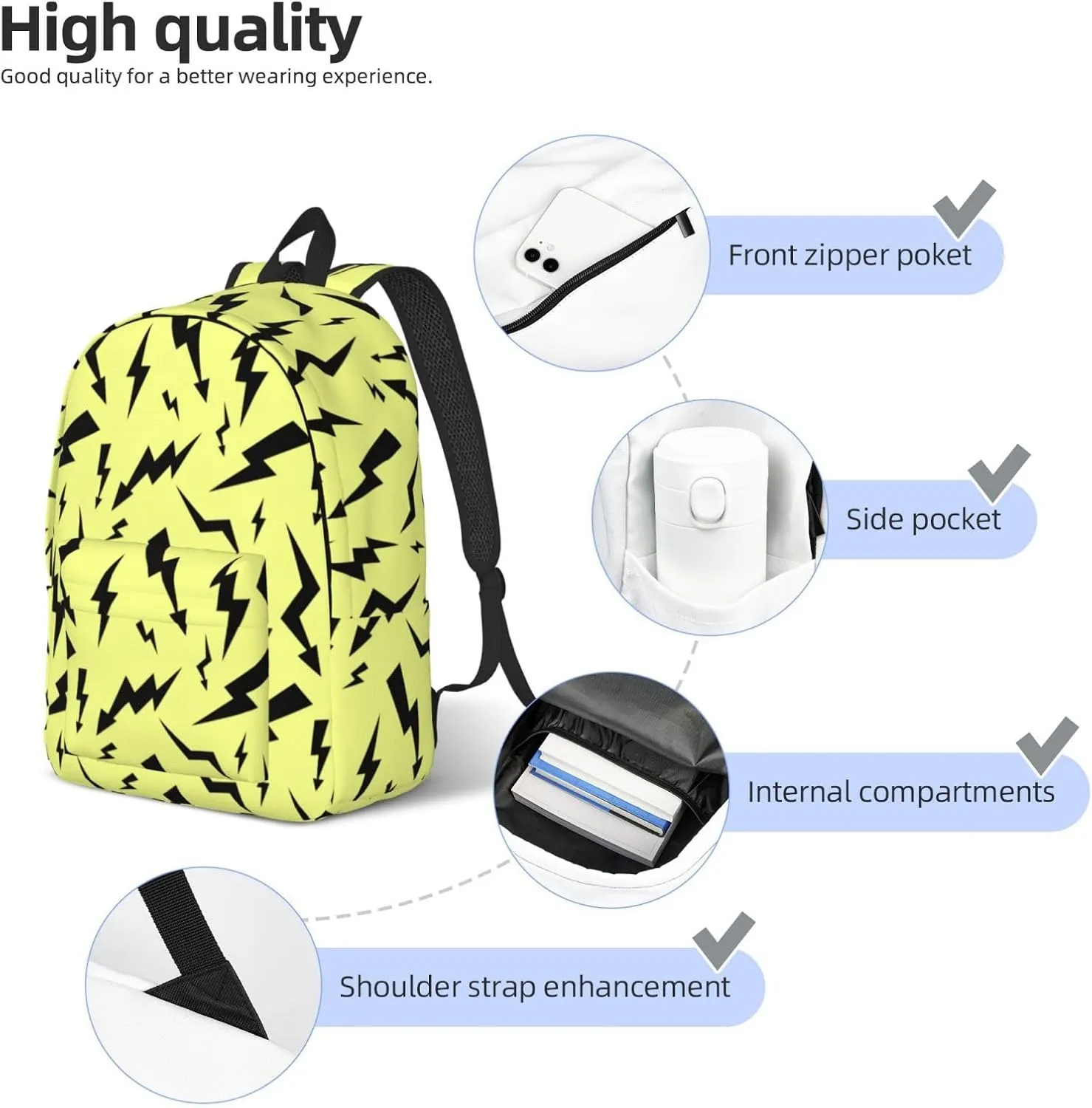 Black Thunder Yellow Canvas Backpacks Laptop Backpack Multipurpose Double Shoulder Bag for Men Women Gifts Medium