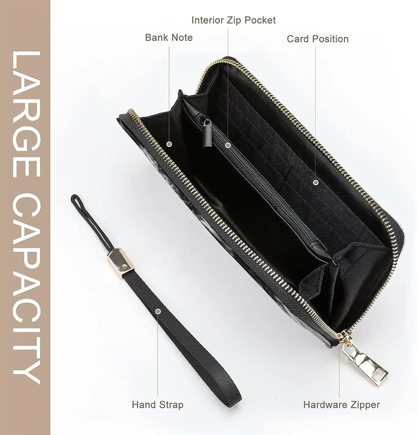 Black White Scottish Highland Cow Vintage Style Long Clutch Wallet, Long Handbag with Removable Wristlet Strap, PU Leather Zip Purse, Credit Pass Case Card-Holder for Men Women