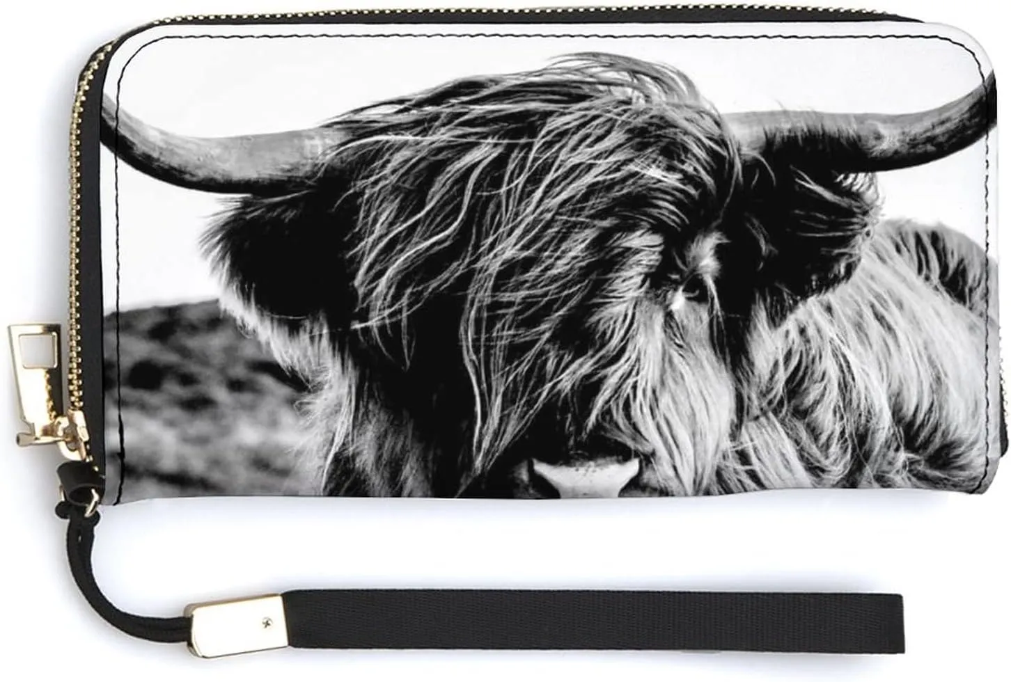 Black White Scottish Highland Cow Vintage Style Long Clutch Wallet, Long Handbag with Removable Wristlet Strap, PU Leather Zip Purse, Credit Pass Case Card-Holder for Men Women