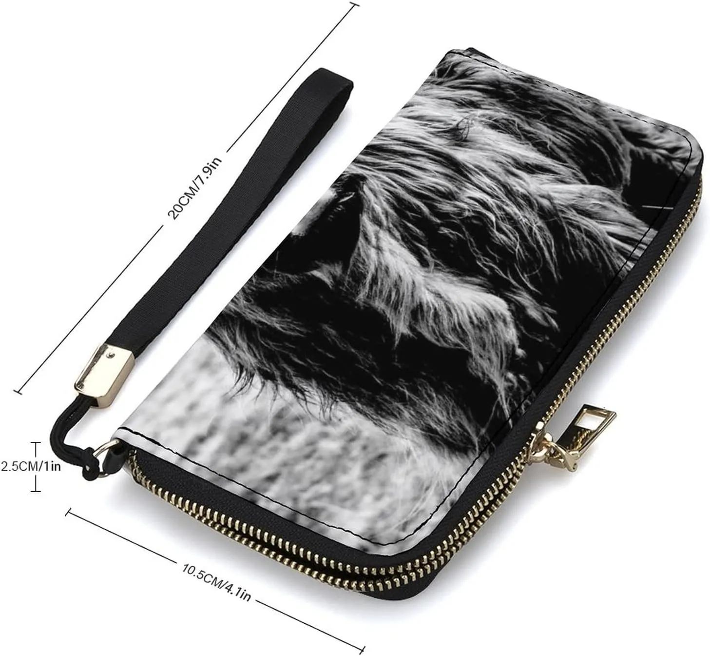 Black White Scottish Highland Cow Vintage Style Long Clutch Wallet, Long Handbag with Removable Wristlet Strap, PU Leather Zip Purse, Credit Pass Case Card-Holder for Men Women