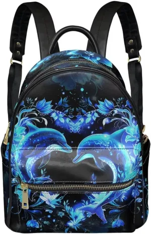 Blue Dolphin PU Leather Backpacks for Women with Design Floral Fashion Daypack School Backpack with Adjustable Strap Portable Work Bag