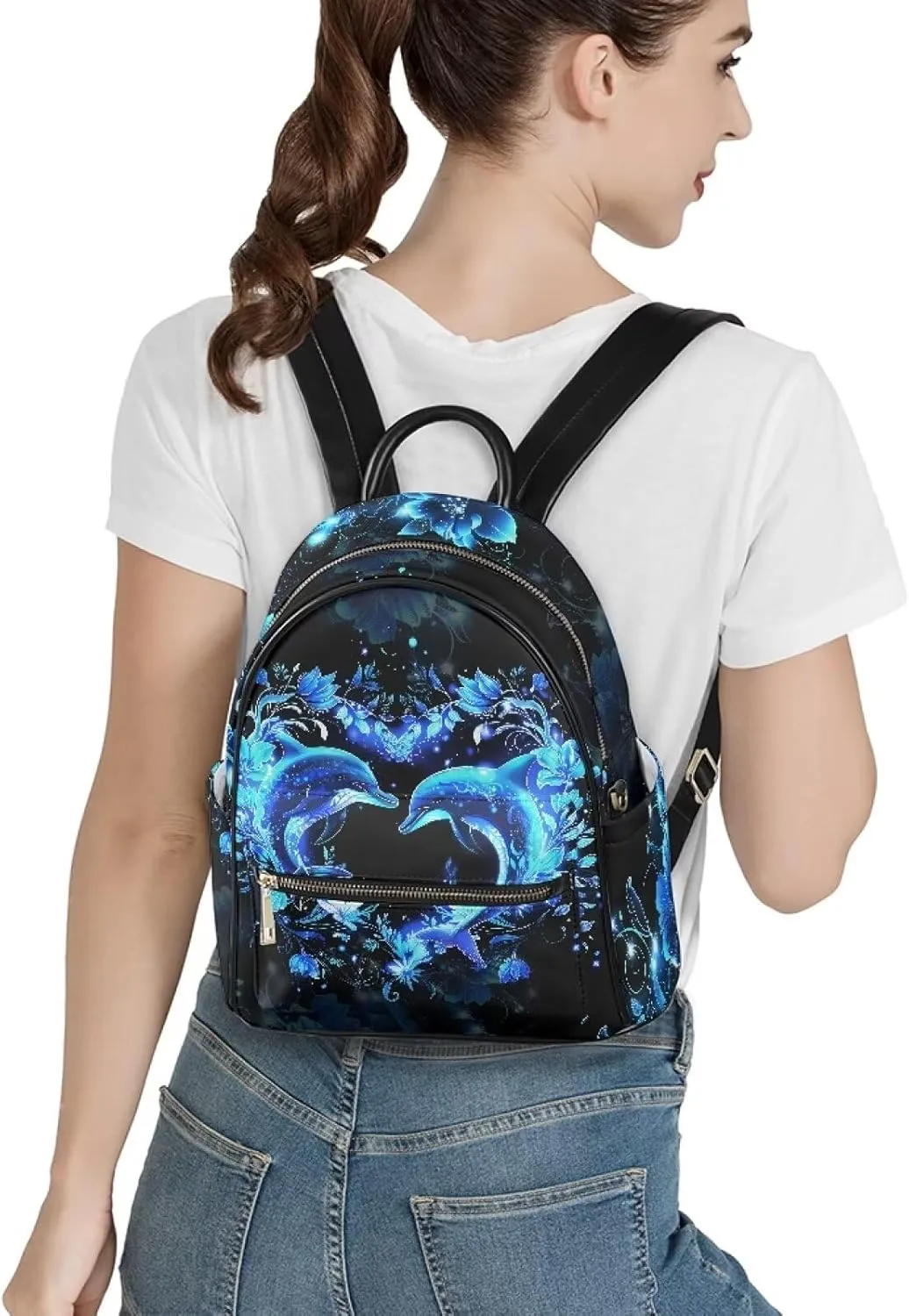 Blue Dolphin PU Leather Backpacks for Women with Design Floral Fashion Daypack School Backpack with Adjustable Strap Portable Work Bag