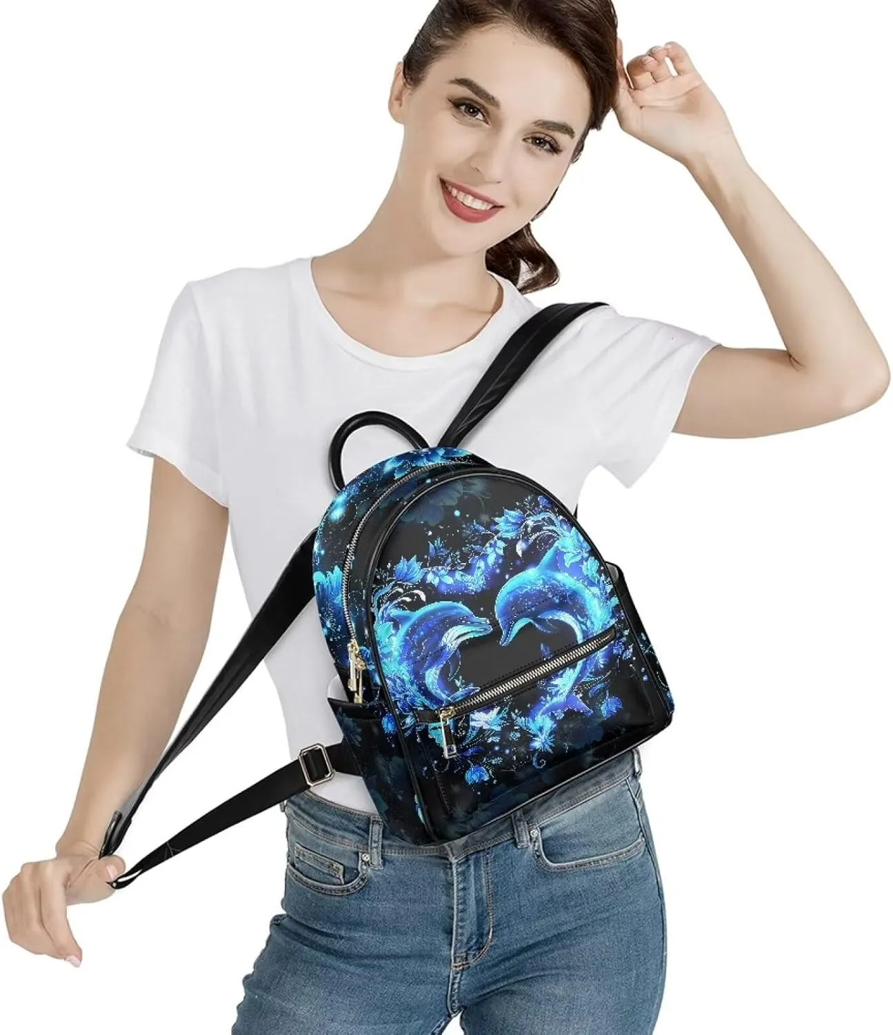 Blue Dolphin PU Leather Backpacks for Women with Design Floral Fashion Daypack School Backpack with Adjustable Strap Portable Work Bag