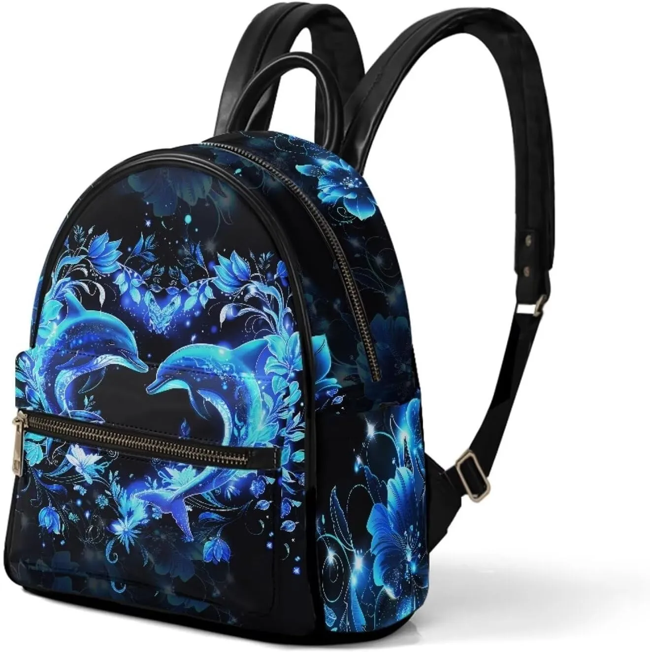 Blue Dolphin PU Leather Backpacks for Women with Design Floral Fashion Daypack School Backpack with Adjustable Strap Portable Work Bag