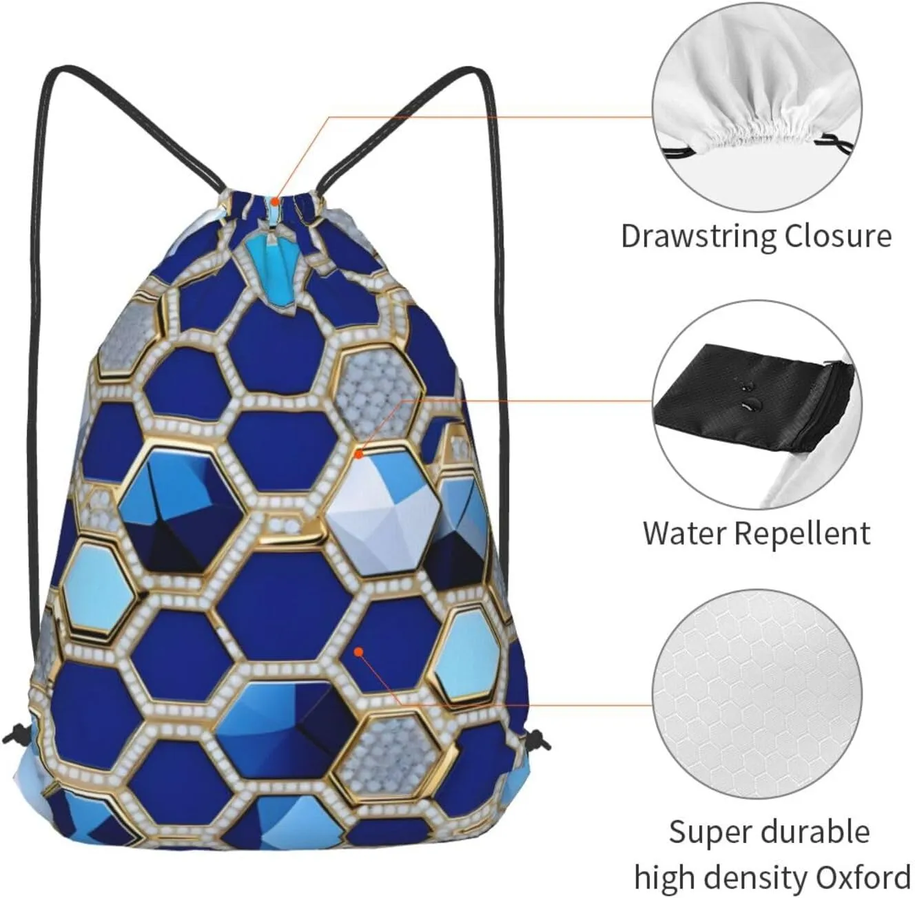 Blue Hexagons And Diamond Bulk Drawstring Backpacks String Cinch Bag Polyester For Daily Commute Travel