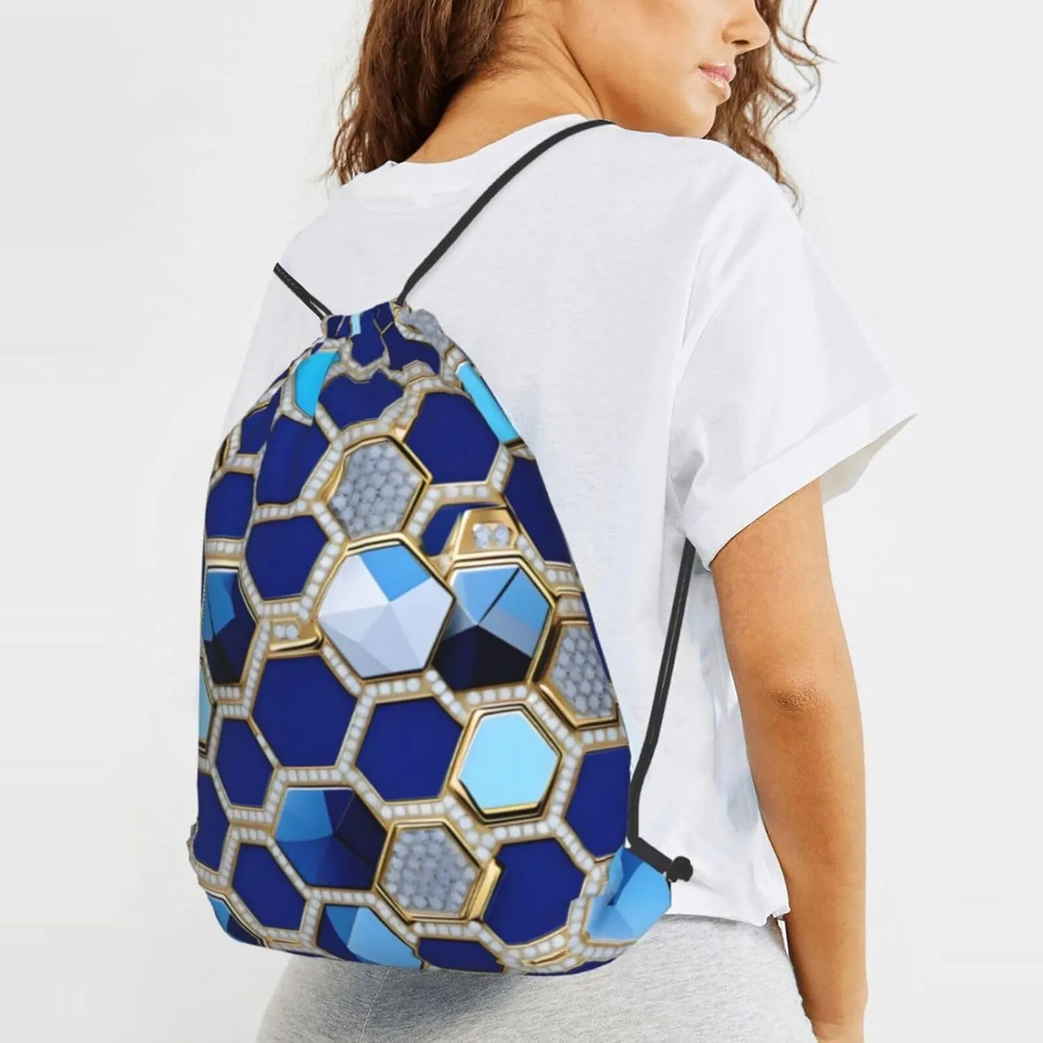 Blue Hexagons And Diamond Bulk Drawstring Backpacks String Cinch Bag Polyester For Daily Commute Travel