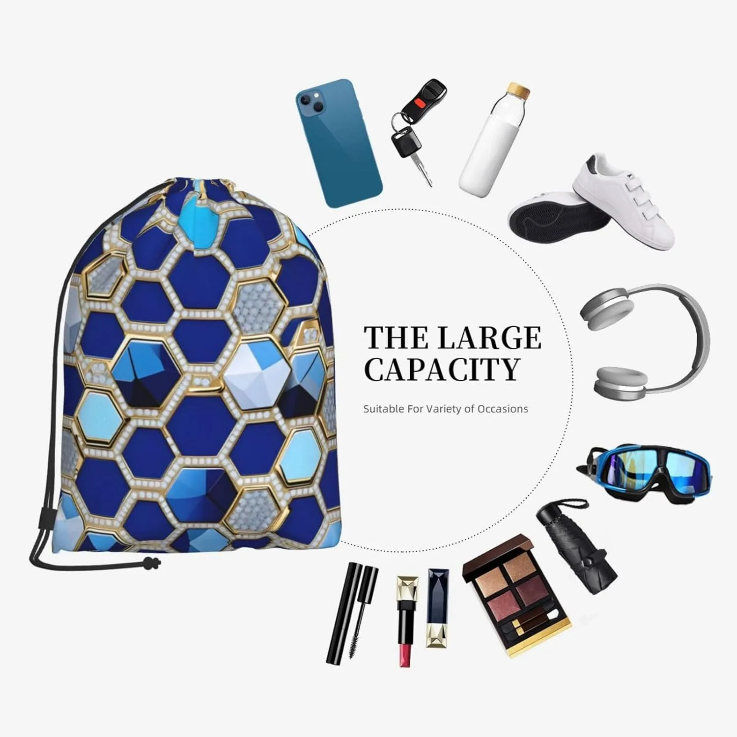 Blue Hexagons And Diamond Bulk Drawstring Backpacks String Cinch Bag Polyester For Daily Commute Travel