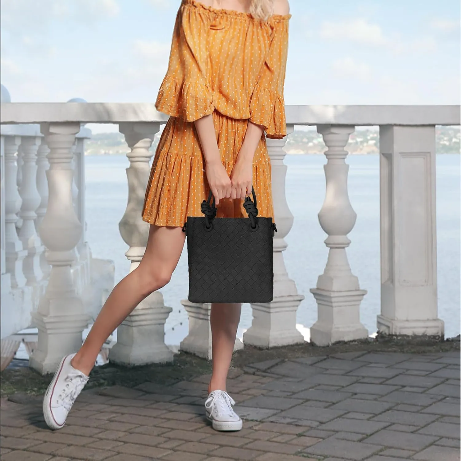 Boho Woven Shopper Tote for Women, Handwoven Vegan Leather Bag with Detachable Strap
