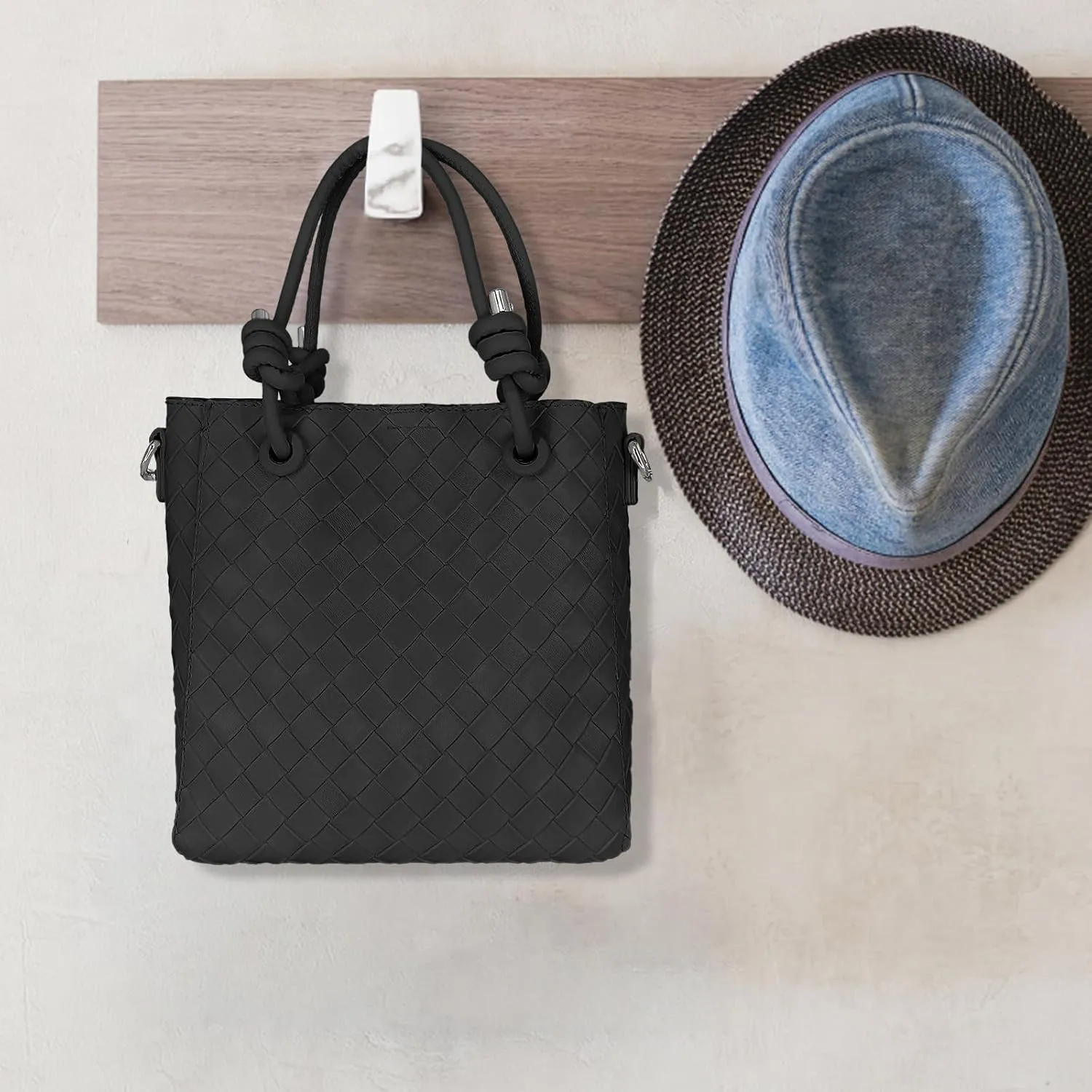 Boho Woven Shopper Tote for Women, Handwoven Vegan Leather Bag with Detachable Strap