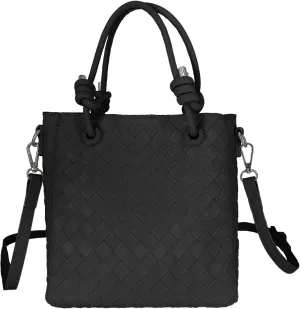Boho Woven Shopper Tote for Women, Handwoven Vegan Leather Bag with Detachable Strap