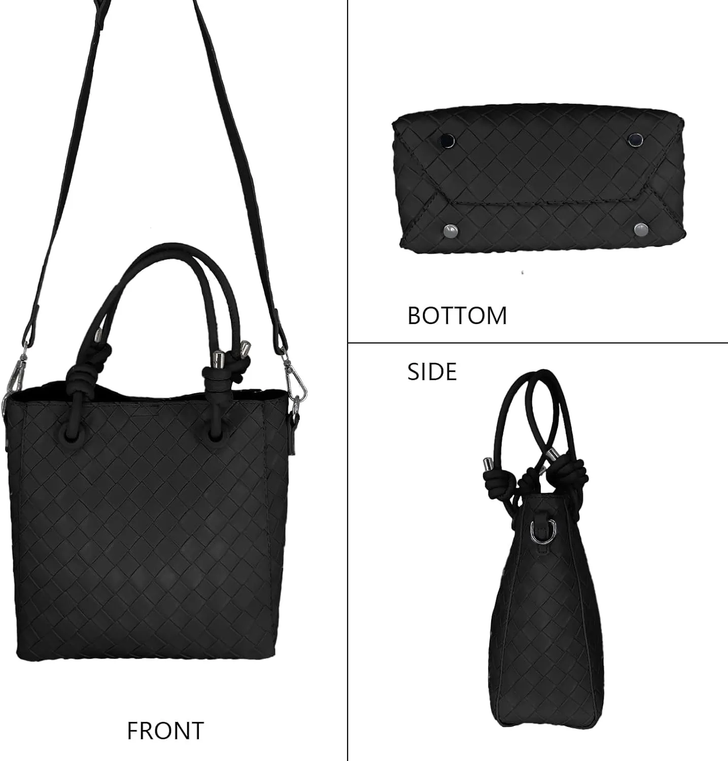Boho Woven Shopper Tote for Women, Handwoven Vegan Leather Bag with Detachable Strap
