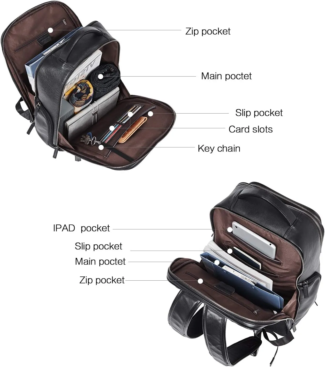 BOSTANTEN Leather Backpacks College 15.6” Laptop Travel Computer Shoulder Backpack For Men Black