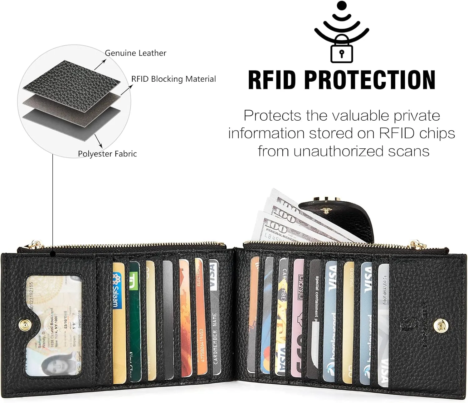 BOSTANTEN Leather Wallets for Women RFID Blocking Slim Bofild Purse Card Holder with Zipper Pocket