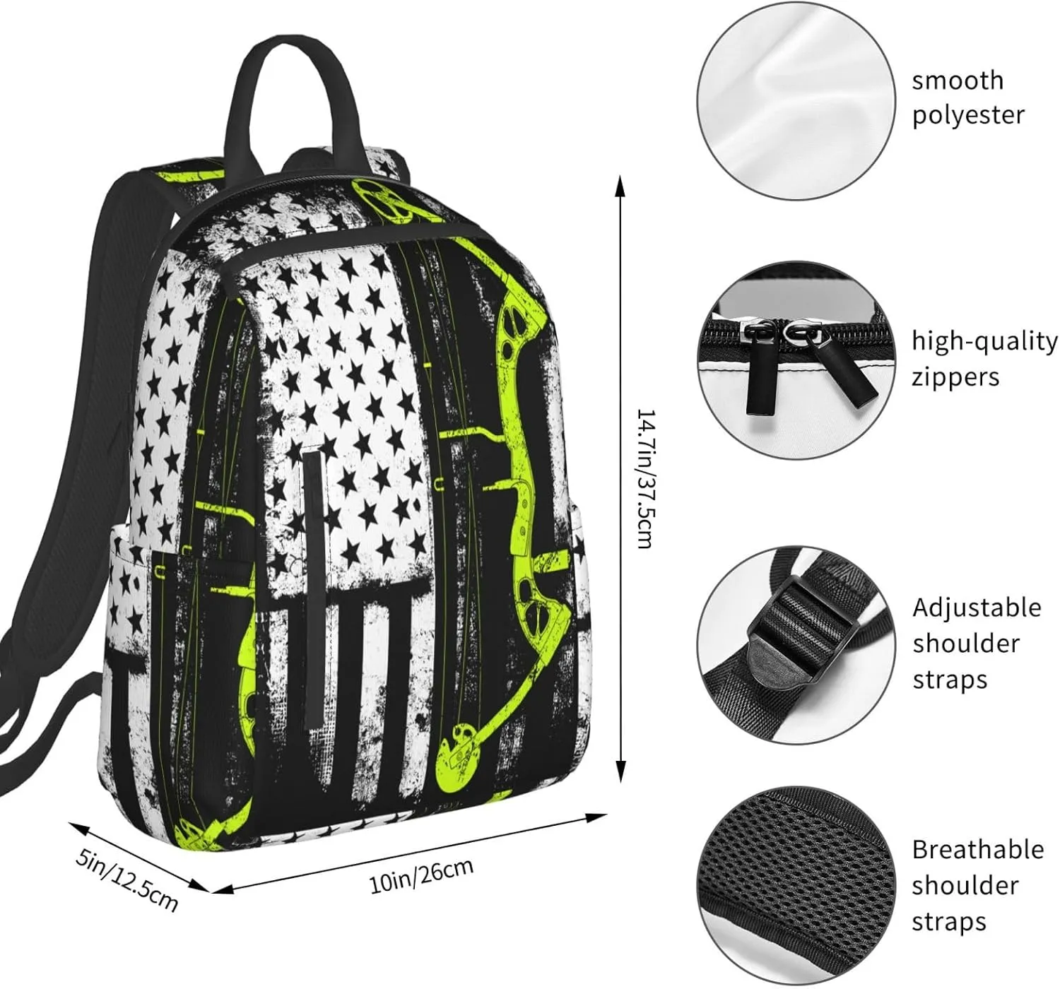 Bow Hunting American Flag Archery Bowhunter Casual Backpacks Laptop Backpack Outdoor Travel Rucksack Sport Carry-On Daypack Lightweight Bag with Multi-Pockets