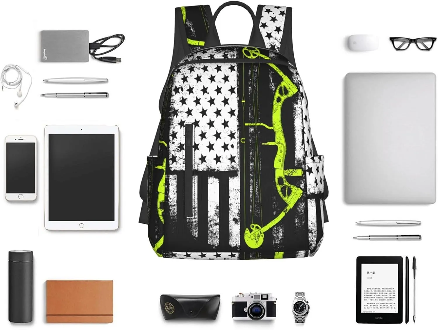 Bow Hunting American Flag Archery Bowhunter Casual Backpacks Laptop Backpack Outdoor Travel Rucksack Sport Carry-On Daypack Lightweight Bag with Multi-Pockets