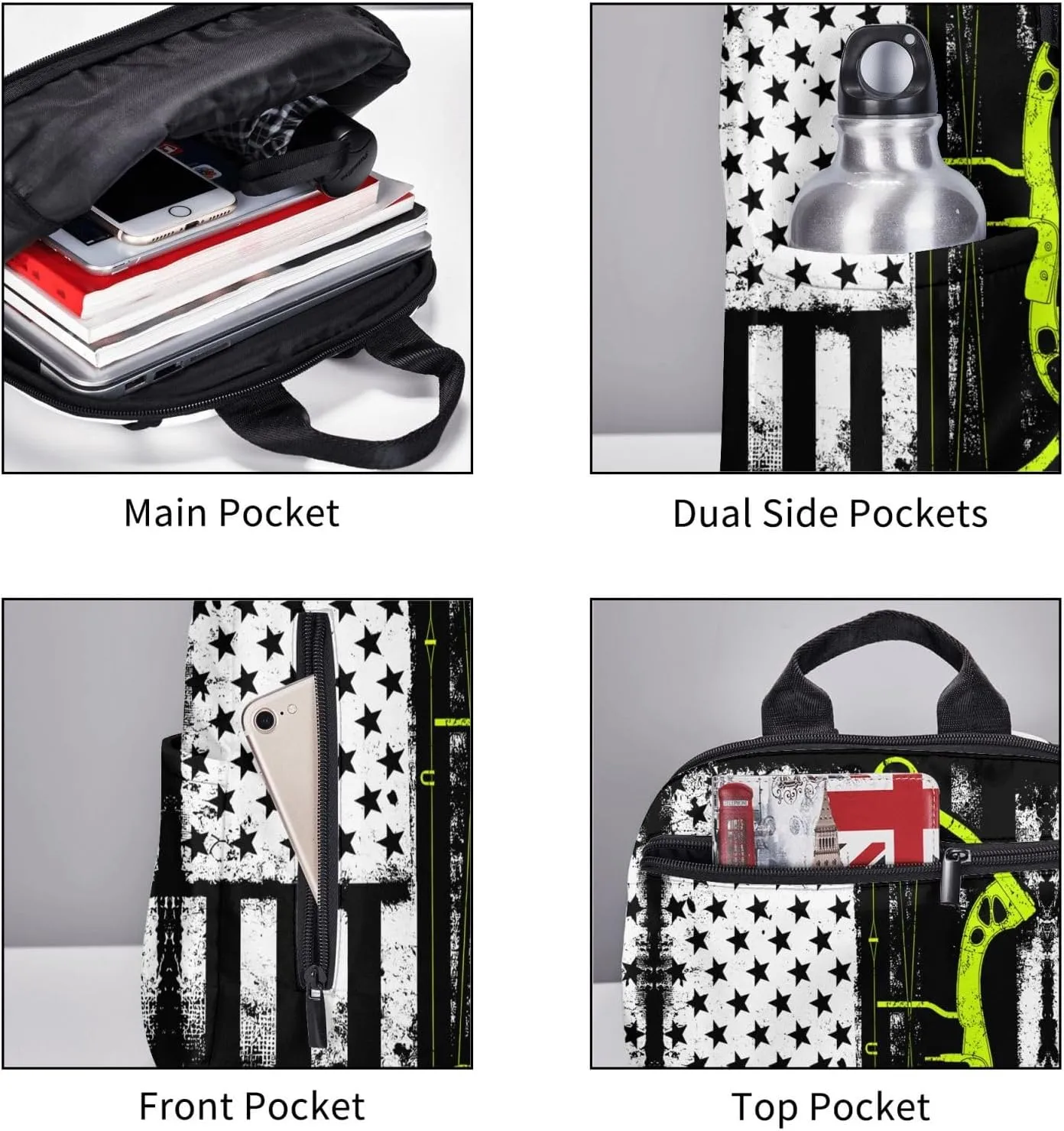 Bow Hunting American Flag Archery Bowhunter Casual Backpacks Laptop Backpack Outdoor Travel Rucksack Sport Carry-On Daypack Lightweight Bag with Multi-Pockets