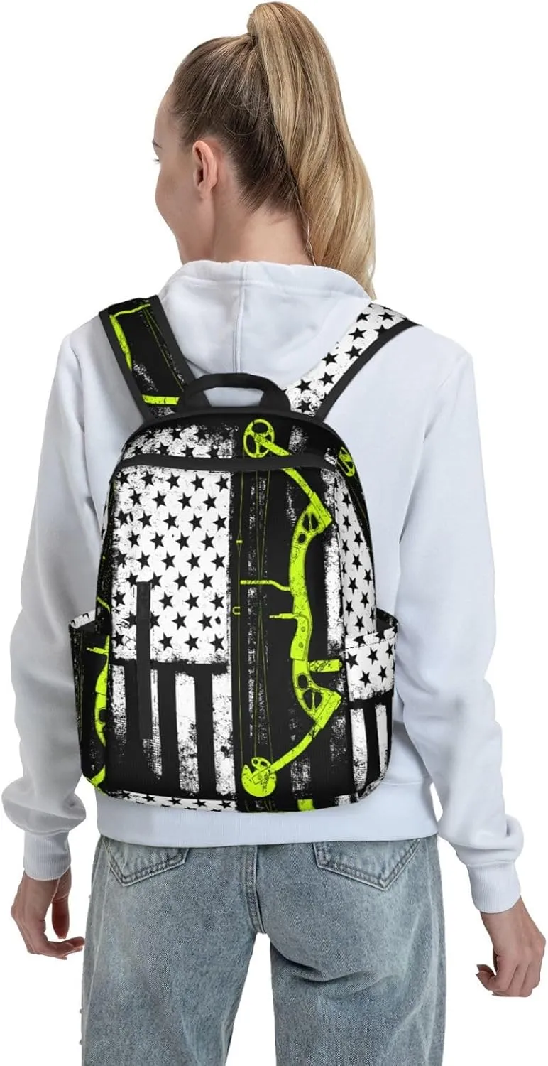 Bow Hunting American Flag Archery Bowhunter Casual Backpacks Laptop Backpack Outdoor Travel Rucksack Sport Carry-On Daypack Lightweight Bag with Multi-Pockets