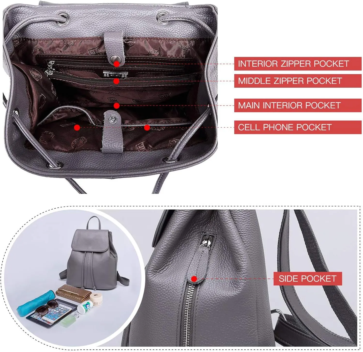 BOYATU Leather Backpack Purse for Women: Ladies Travel Fashion Back Pack - Genuine Leather Bag Casual Handbags for Work (Grey)
