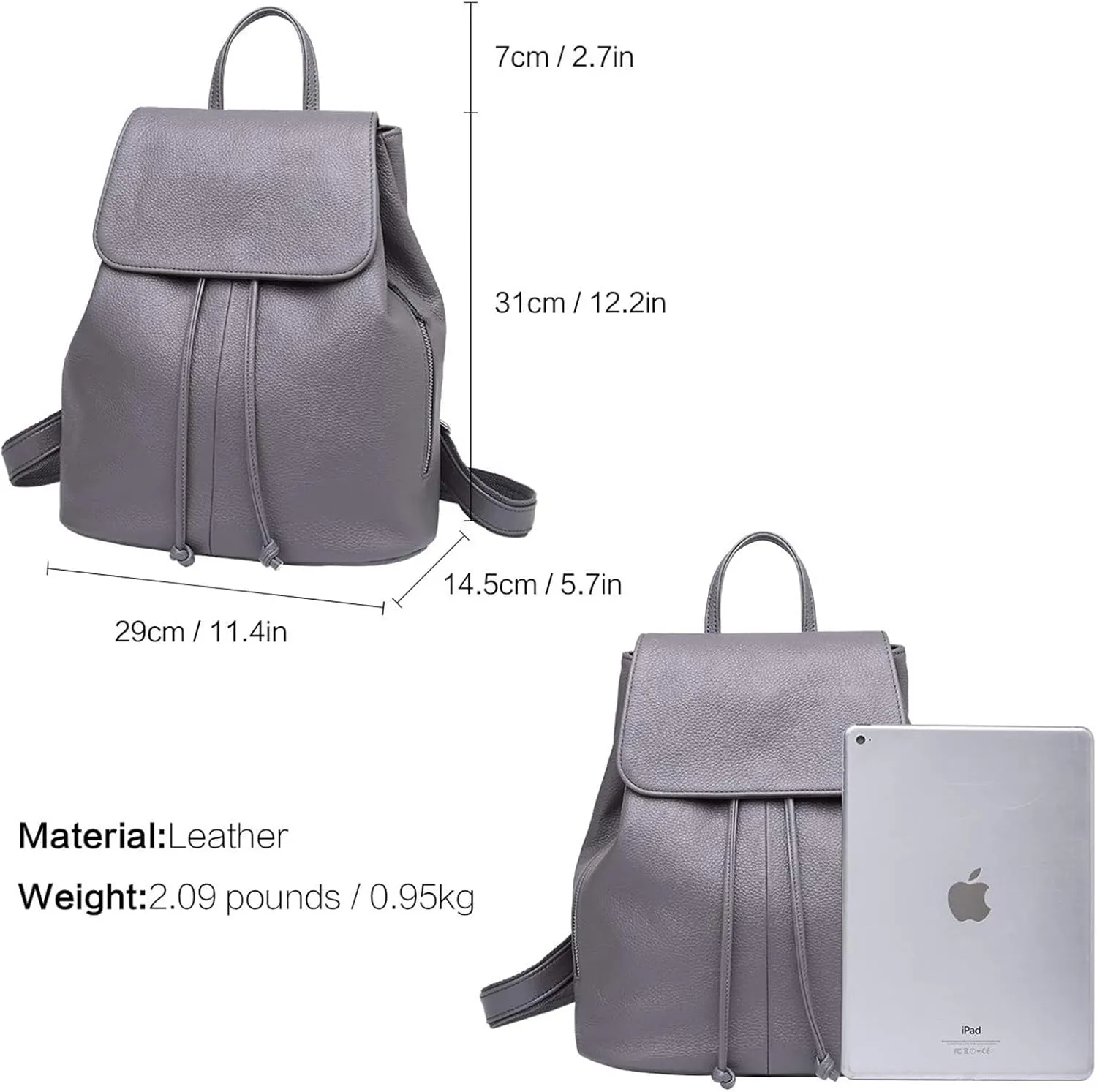BOYATU Leather Backpack Purse for Women: Ladies Travel Fashion Back Pack - Genuine Leather Bag Casual Handbags for Work (Grey)