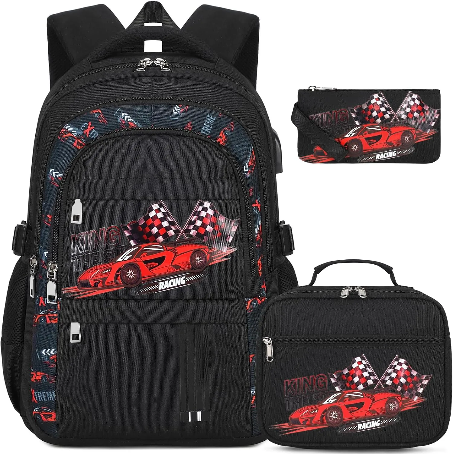 Boys Backpack - 3PCS Cool Luminous Backpack for Boys School Backpacks for Kids Kindergarten Elementary Preschool Middle School Bags with Lunch Box Pencil Case Set (Racing Car)
