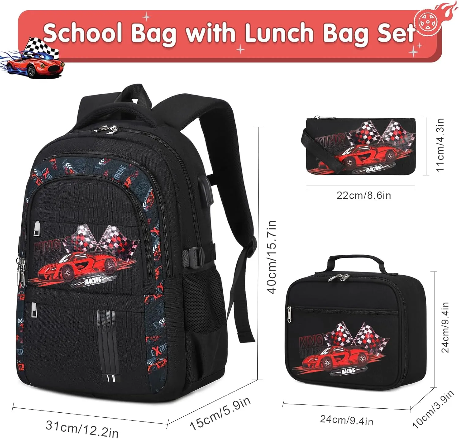 Boys Backpack - 3PCS Cool Luminous Backpack for Boys School Backpacks for Kids Kindergarten Elementary Preschool Middle School Bags with Lunch Box Pencil Case Set (Racing Car)