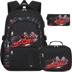 Boys Backpack - 3PCS Cool Luminous Backpack for Boys School Backpacks for Kids Kindergarten Elementary Preschool Middle School Bags with Lunch Box Pencil Case Set (Racing Car)