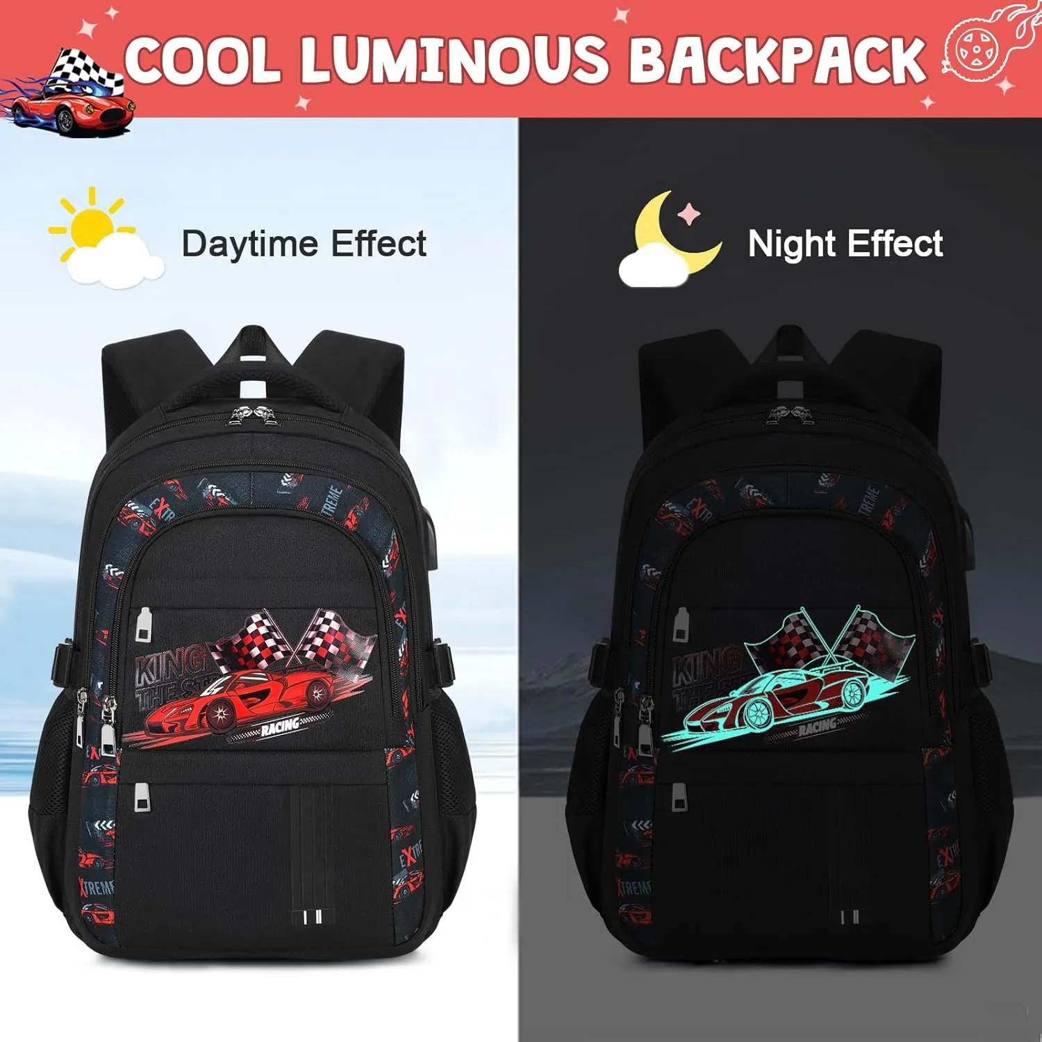 Boys Backpack - 3PCS Cool Luminous Backpack for Boys School Backpacks for Kids Kindergarten Elementary Preschool Middle School Bags with Lunch Box Pencil Case Set (Racing Car)