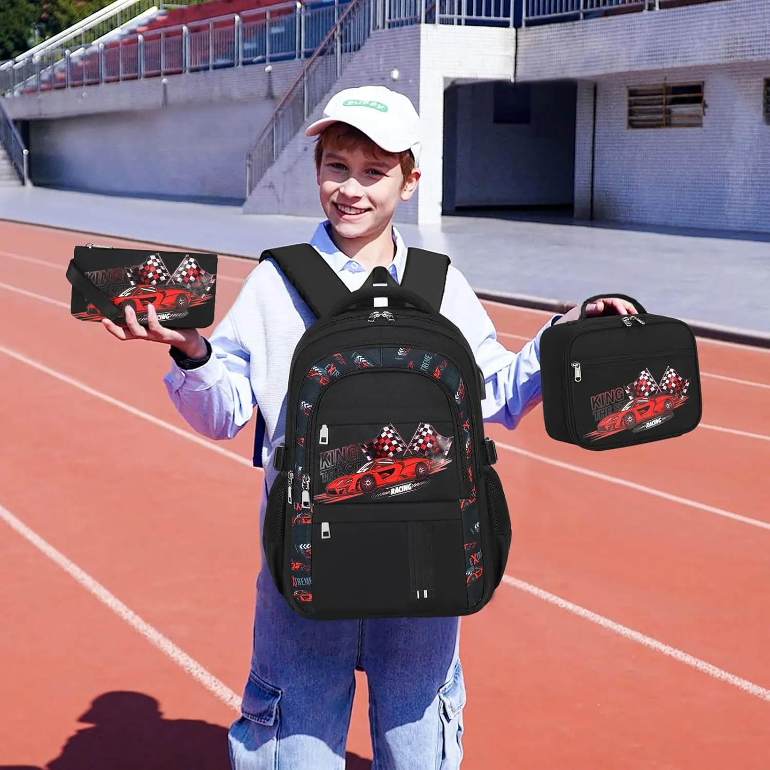 Boys Backpack - 3PCS Cool Luminous Backpack for Boys School Backpacks for Kids Kindergarten Elementary Preschool Middle School Bags with Lunch Box Pencil Case Set (Racing Car)