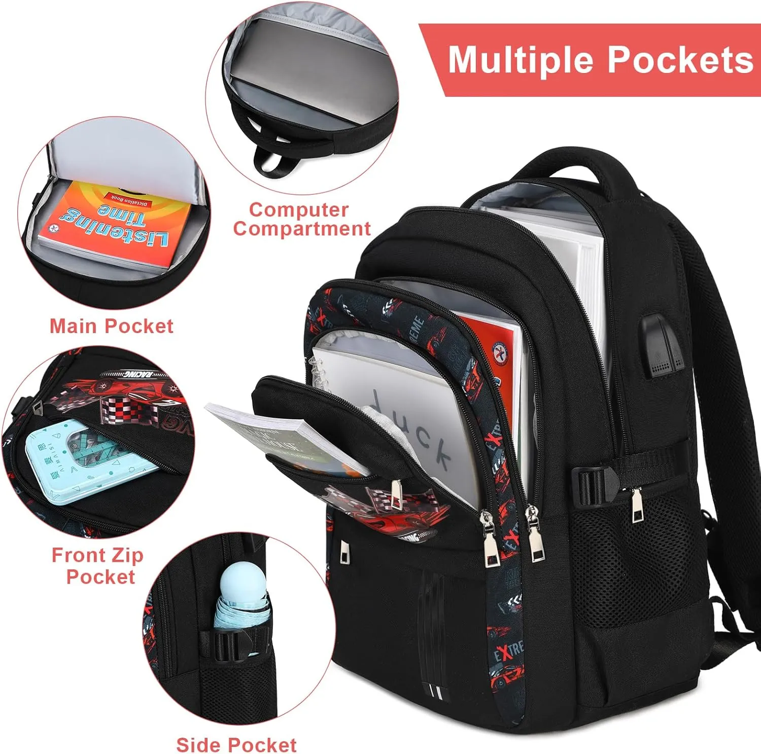 Boys Backpack - 3PCS Cool Luminous Backpack for Boys School Backpacks for Kids Kindergarten Elementary Preschool Middle School Bags with Lunch Box Pencil Case Set (Racing Car)