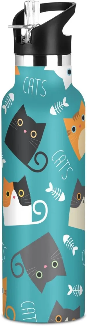 Boys Water Bottle with Straw Reusable Tumbler for Toddlers 20oz Kids Insulated Cups Leak Proof Double Wall 304 Stainless Steel Water Flask School Bottle,Cute Cat