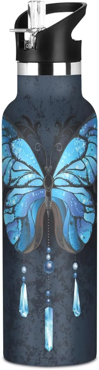 Boys Water Bottle with Straw Reusable Tumbler for Toddlers 20oz Kids Insulated Cups Leak Proof Double Wall 304 Stainless Steel Water Flask School Bottle,Morpho Butterfly Blue