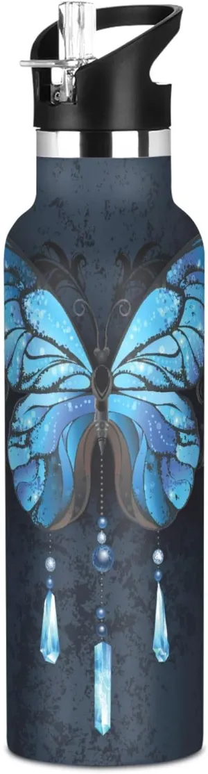 Boys Water Bottle with Straw Reusable Tumbler for Toddlers 20oz Kids Insulated Cups Leak Proof Double Wall 304 Stainless Steel Water Flask School Bottle,Morpho Butterfly Blue