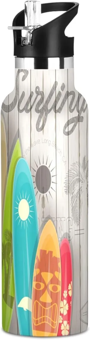 Boys Water Bottle with Straw Reusable Tumbler for Toddlers 20oz Kids Insulated Cups Leak Proof Double Wall 304 Stainless Steel Water Flask School Bottle,Surfing Pattern