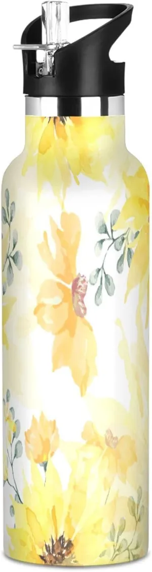 Boys Water Bottle with Straw Reusable Tumbler for Toddlers 20oz Kids Insulated Cups Leak Proof Double Wall 304 Stainless Steel Water Flask School Bottle,Yellow Beautiful Flower