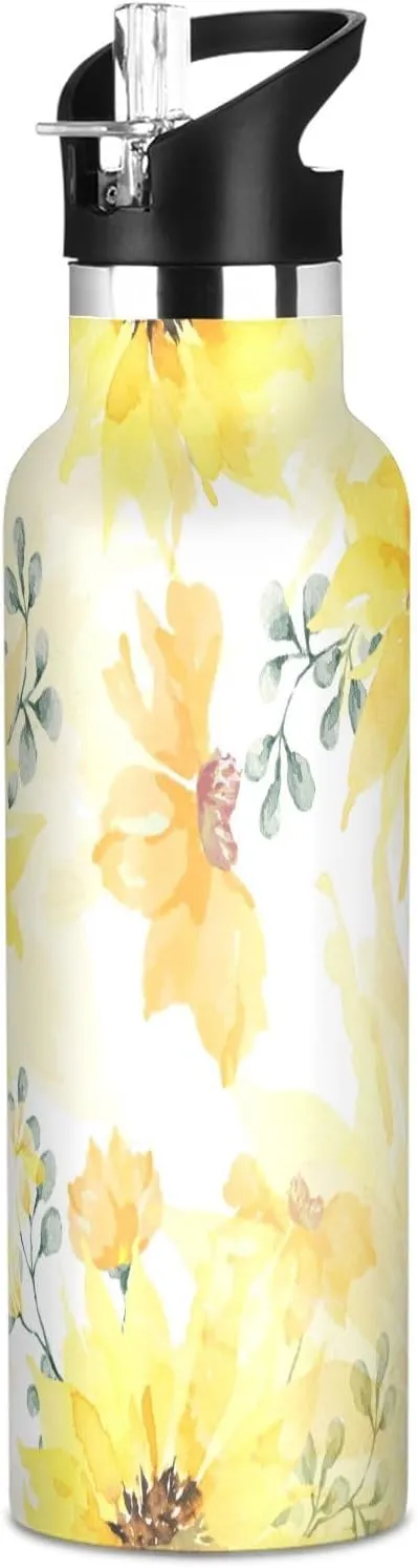 Boys Water Bottle with Straw Reusable Tumbler for Toddlers 20oz Kids Insulated Cups Leak Proof Double Wall 304 Stainless Steel Water Flask School Bottle,Yellow Beautiful Flower