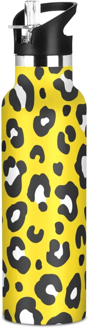 Boys Water Bottle with Straw Reusable Tumbler for Toddlers 20oz Kids Insulated Cups Leak Proof Double Wall 304 Stainless Steel Water Flask School Bottle,Yellow Leopard Fashion Stylish