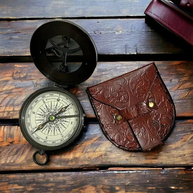 Brass Compass Nautical Antique Style Sundial Compass with Leather Case Vintage Camping Hiking Direction Marine Graduation Day Gifts Compass for Men & Women, Boy & Girls