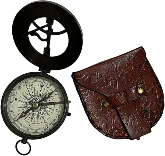Brass Compass Nautical Antique Style Sundial Compass with Leather Case Vintage Camping Hiking Direction Marine Graduation Day Gifts Compass for Men & Women, Boy & Girls