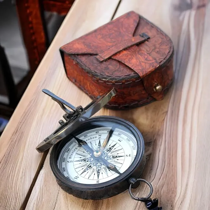 Brass Compass Nautical Antique Style Sundial Compass with Leather Case Vintage Camping Hiking Direction Marine Graduation Day Gifts Compass for Men & Women, Boy & Girls