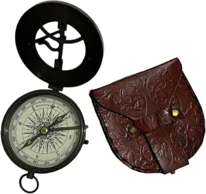 Brass Compass Nautical Antique Style Sundial Compass with Leather Case Vintage Camping Hiking Direction Marine Graduation Day Gifts Compass for Men & Women, Boy & Girls