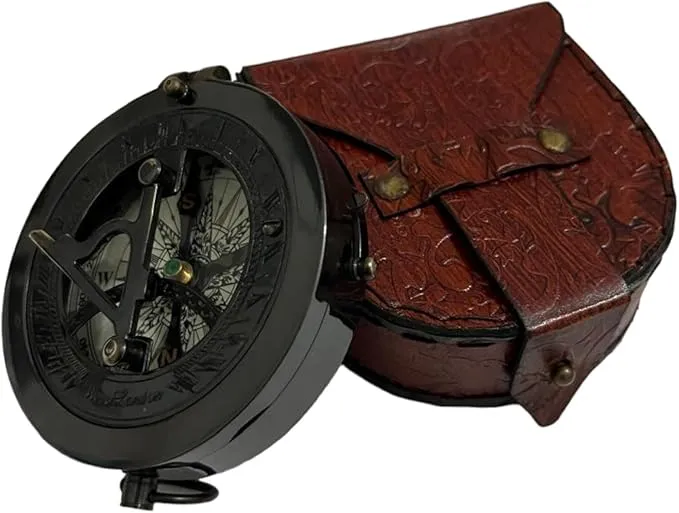 Brass Compass Nautical Antique Style Sundial Compass with Leather Case Vintage Camping Hiking Direction Marine Graduation Day Gifts Compass for Men & Women, Boy & Girls