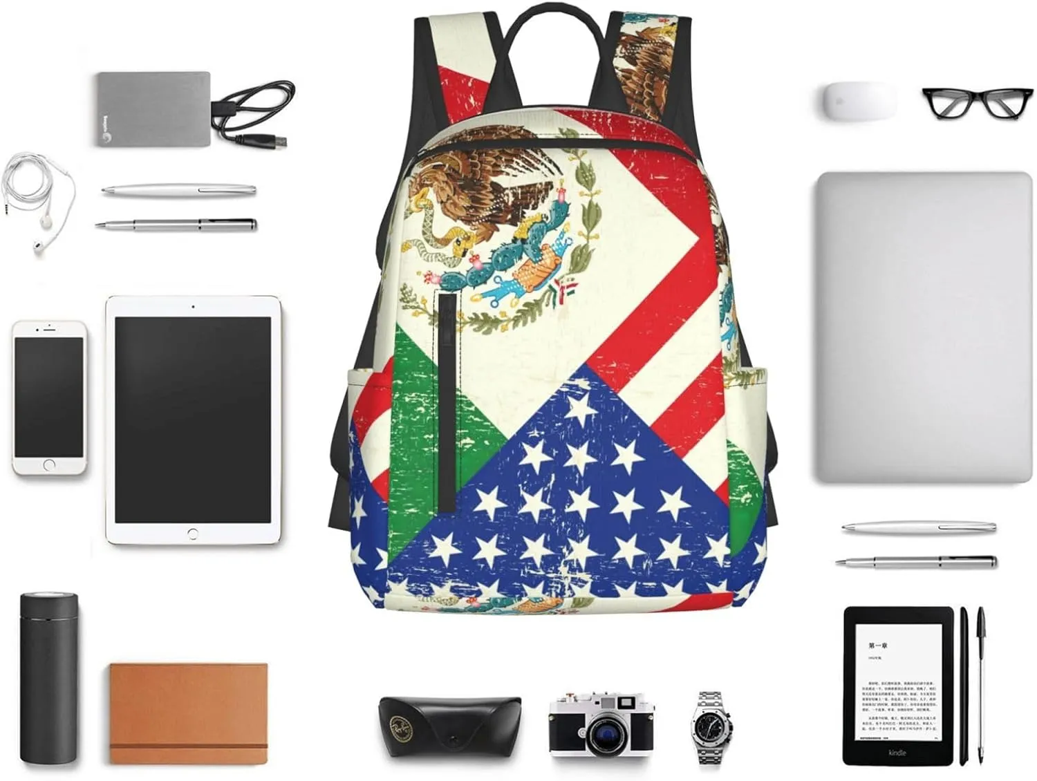 BREAUX Mexican American Flag Print Large-Capacity Backpack, Simple And Lightweight Casual Backpack, Travel Backpacks