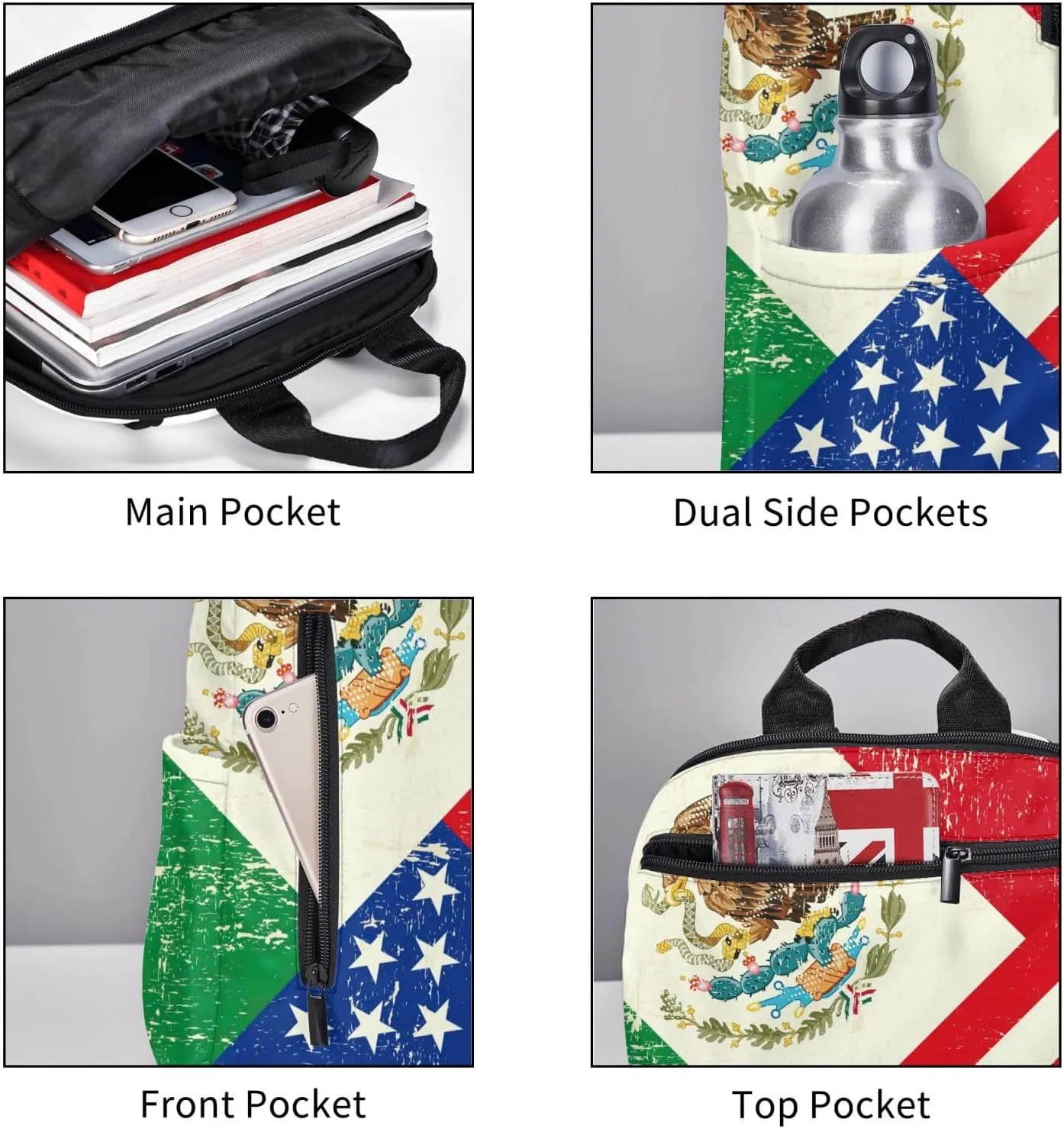 BREAUX Mexican American Flag Print Large-Capacity Backpack, Simple And Lightweight Casual Backpack, Travel Backpacks